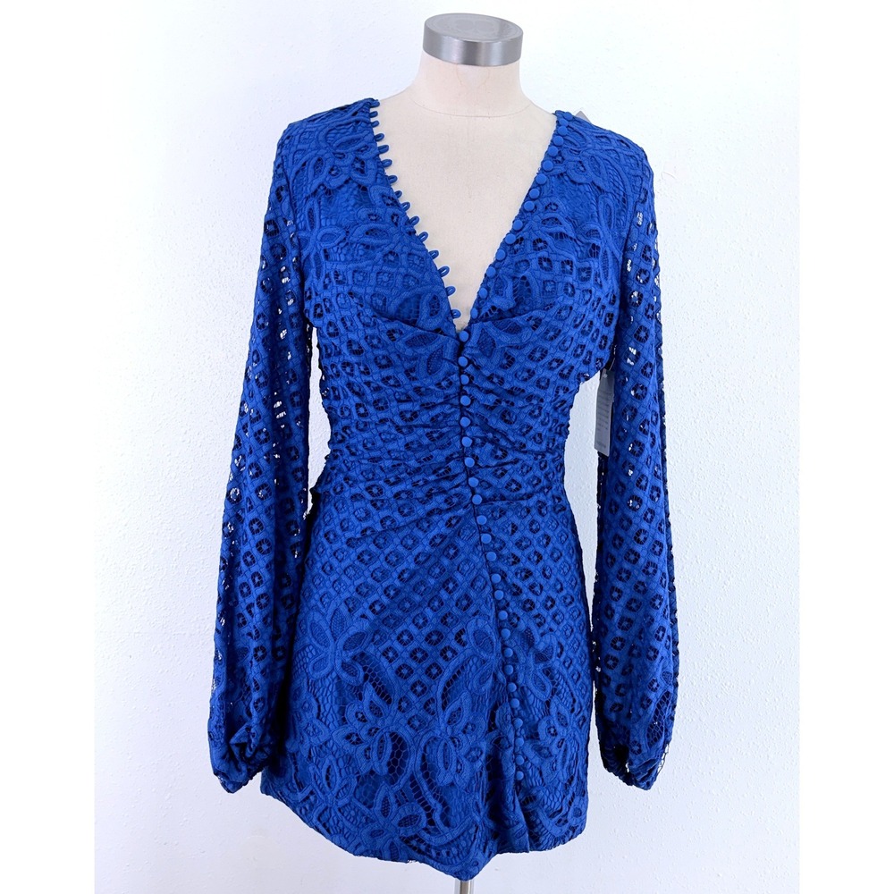 NWT Bardot Lace Mini Dress Cobalt Blue Long Sleeve V-Neck Size 6